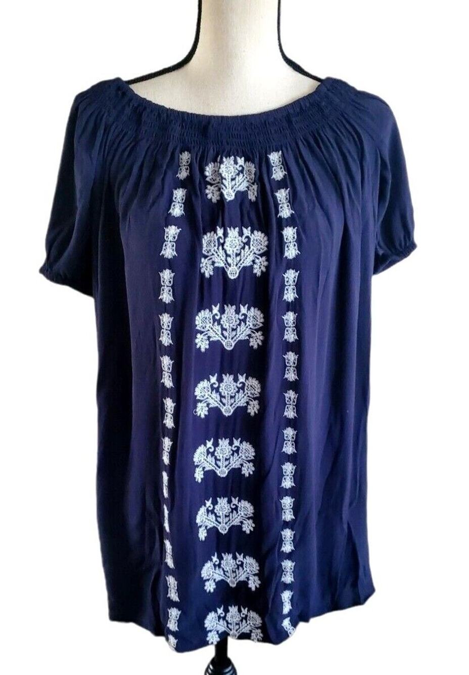 Loft Outlet Petite Navy Blue Embroidered Boho Peasant Mini Short Dress XXSP